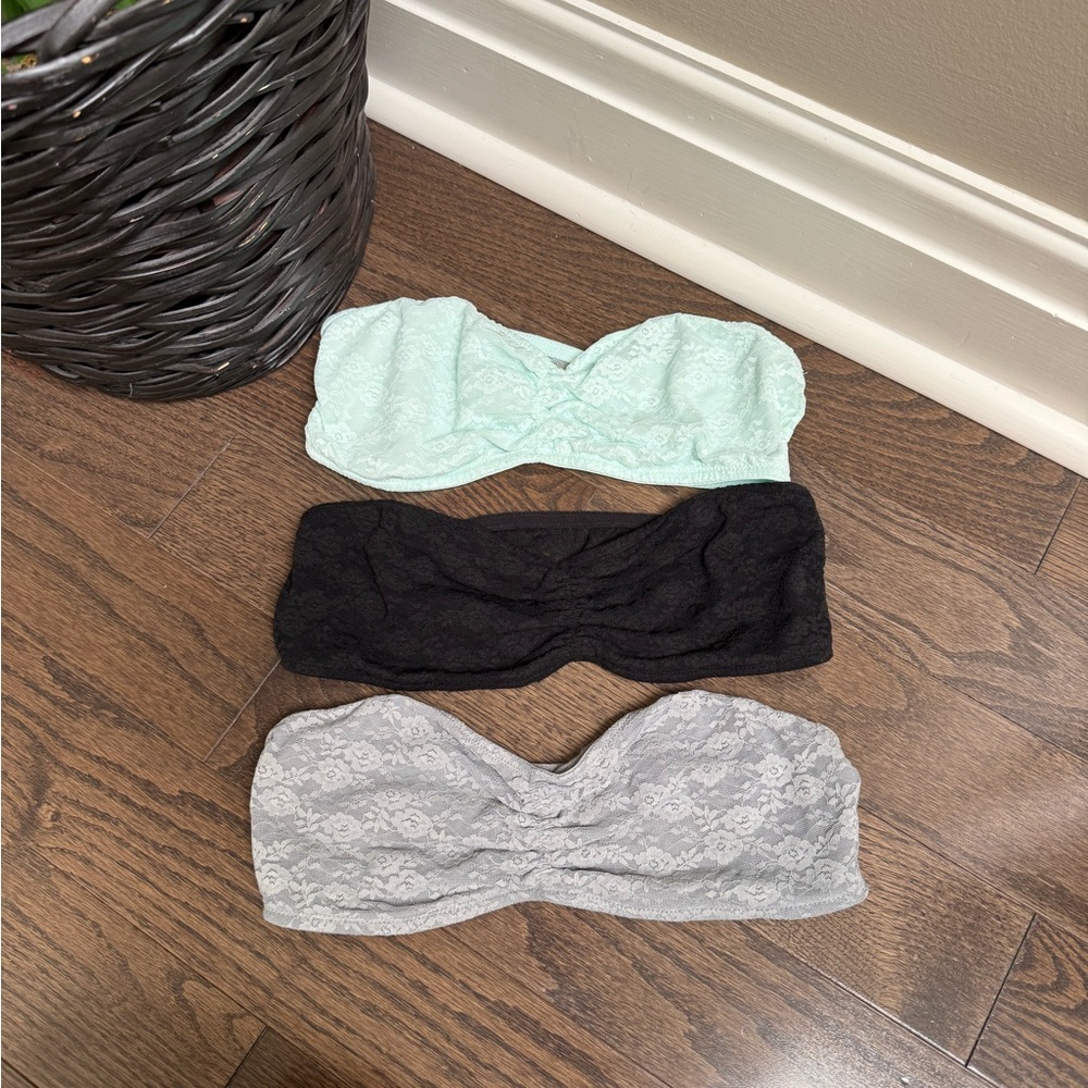 PINK Victoria's Secret Lace Bandeaus Trio Set: Mint, Black, Gray Size Medium